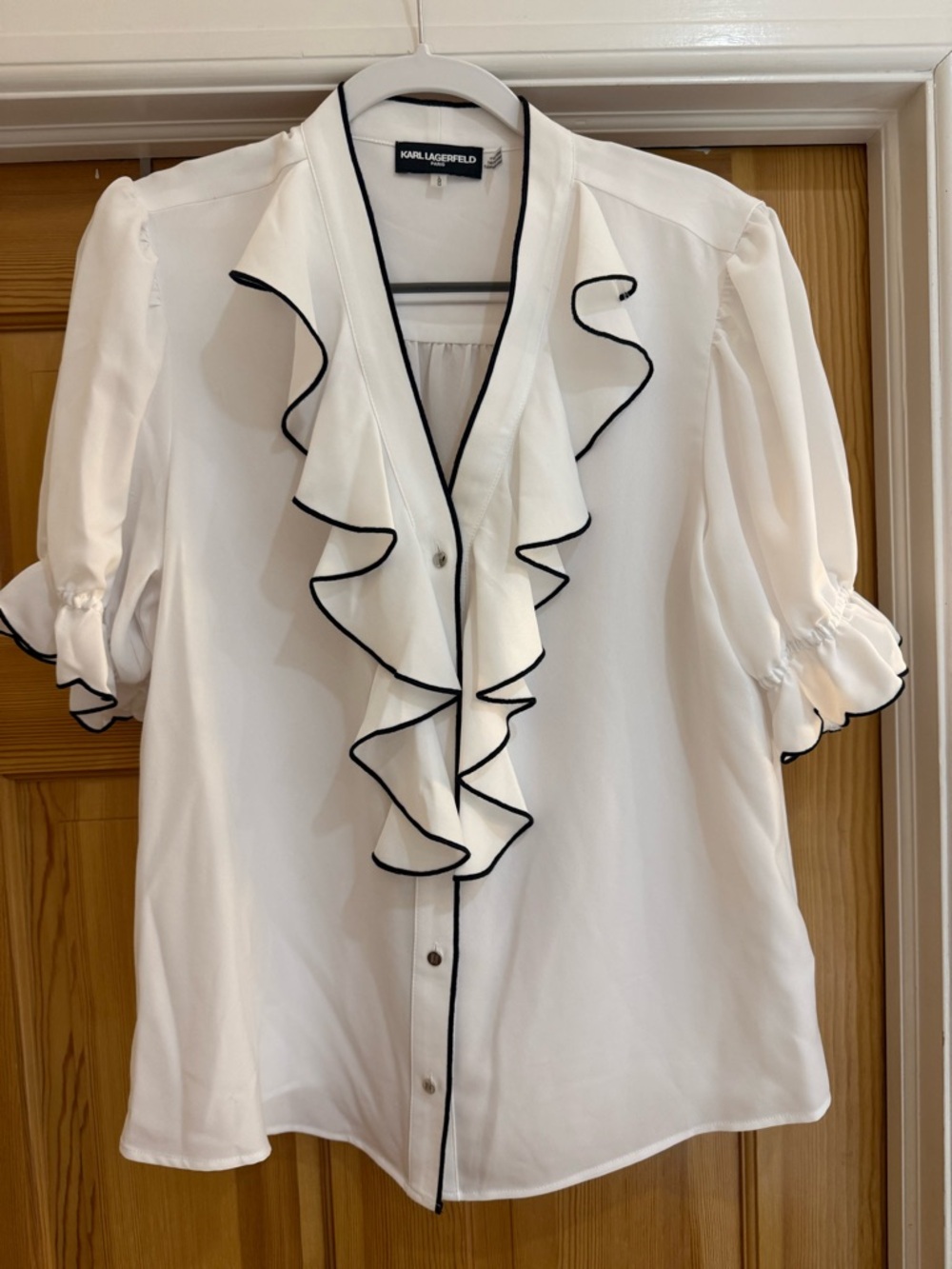 Karl Lagerfeld White Ruffle Front Blouse with Black Piping